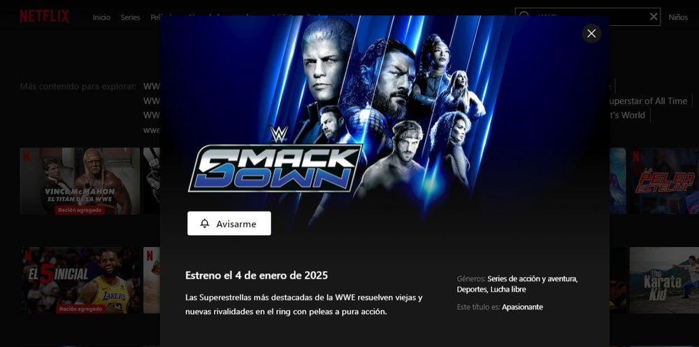 Pestaña WWE Smackdown en la interfaz de Netflix