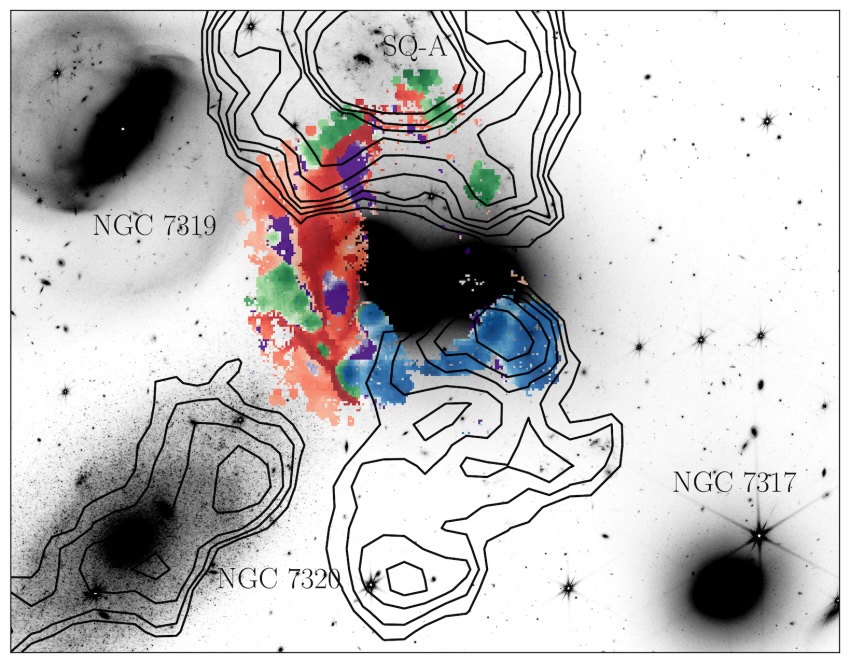 Descomposición WEAVE del gas en el Quinteto de Stephan, superpuesta a una imagen JWST. El rojo resalta el gas impactado por la colisión, mientras que el verde y el azul muestran regiones de formación estelar. Las áreas violetas representan burbujas de origen desconocido. Los contornos negros muestran el hidrógeno neutro, y su ubicación relativa al gas impactado (en rojo) sugiere que es de ahí de donde proviene. Universidad de Hertfordshire