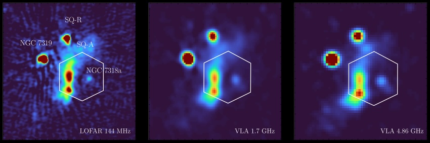 Observaciones de radio del Stephan Quintet en diferentes frecuencias, tomadas por el Low Frequency Array (LOFAR) y el Very Large Array (VLA). Los colores rojos indican una fuerte emisión de radio desde el frente de choque, así como desde algunas de las galaxias del grupo y más allá. Universidad de Hertfordshire