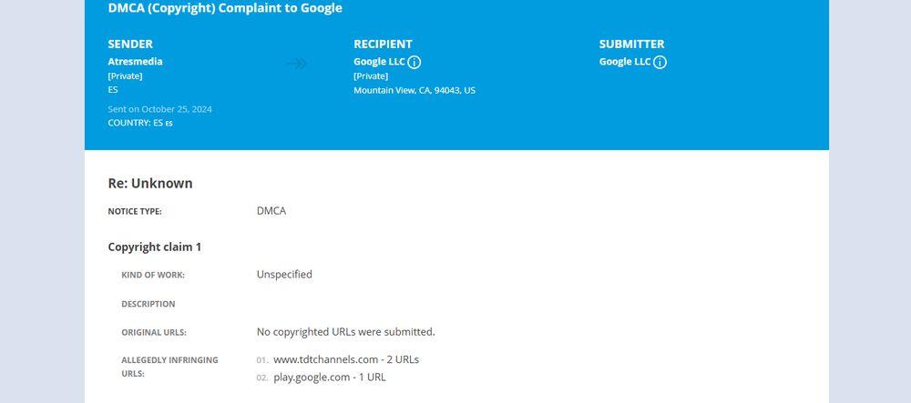 Informes DMCA recibidos por TDThannels en Google