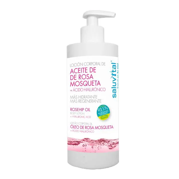 Saluvital loción corporal hidratante con aceite de rosa mosqueta. Precio: 13,32 euros