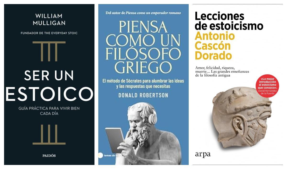 Cubiertas de 'Ser un estoico', 'Piensa como un filósofo griego' y 'Lecciones de estoicismo'.