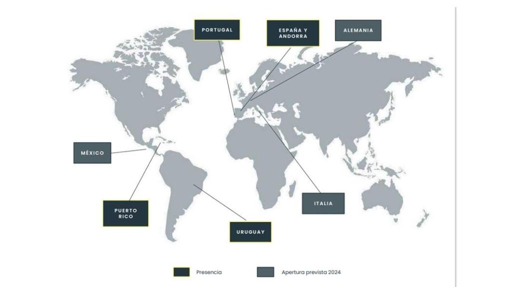 Mapa con tiendas físicas actuales y las previstas para 2024. Fuente: 'Informe de Sostenibilidad' de Blue Banana.