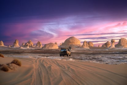 Sunset in the White Desert near the Bahariya Oasis in Egypt.