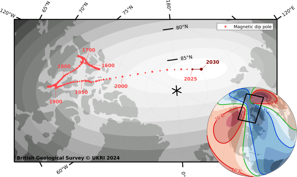 Ubicaciones del polo norte magnético desde 1590 hasta 2030. BGS © UKRI y © Wessel, P. y WHF Smith (1996), Una base de datos costera global, autoconsistente, jerárquica y de alta resolución, J. Geophys. Res., 101(B4), 8741-8743, doi:10.1029/96JB00104. (v2.3.6).