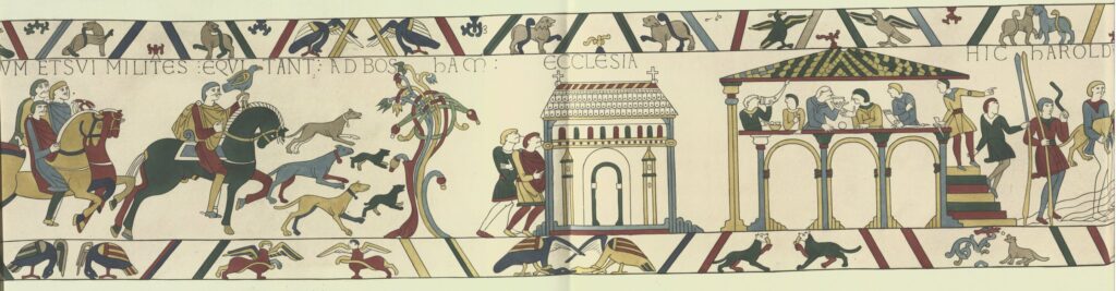 El tapiz de Bayeux, donde se muestra al rey Harold montando hacia Bosham, donde asiste a la iglesia y celebra en un salón antes de partir hacia Francia. © La Sociedad de Anticuarios de Londres.