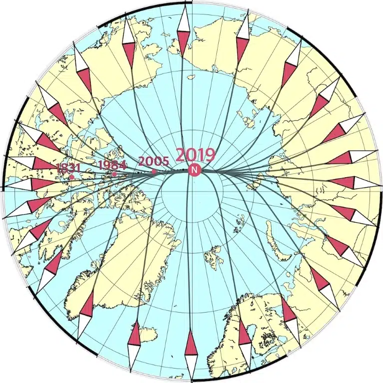 Los puntos rojos muestran las posiciones del polo norte magnético desde 1831 hasta 2019, mientras que las líneas muestran la dirección del campo magnético. Hace unos 50 años, el polo se movía a unos 15 kilómetros por año, pero ahora se está acelerando, dirigiéndose desde el Ártico canadiense hacia Siberia a unos 55 kilómetros por año. Crédito: DTU Space/ESA.