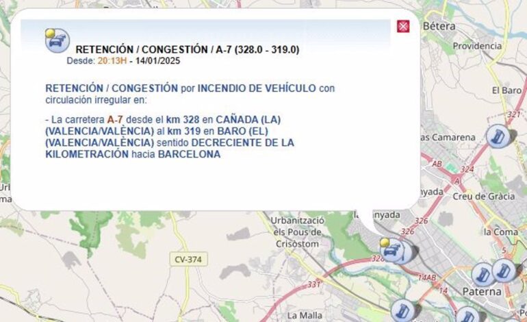 El incendio de un camión deja 9 kilómetros de retenciones en la A7 hasta La Canyada (Valencia)