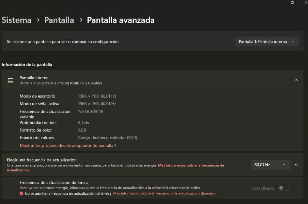 Frecuencia de actualización de la ventana de pantalla avanzada