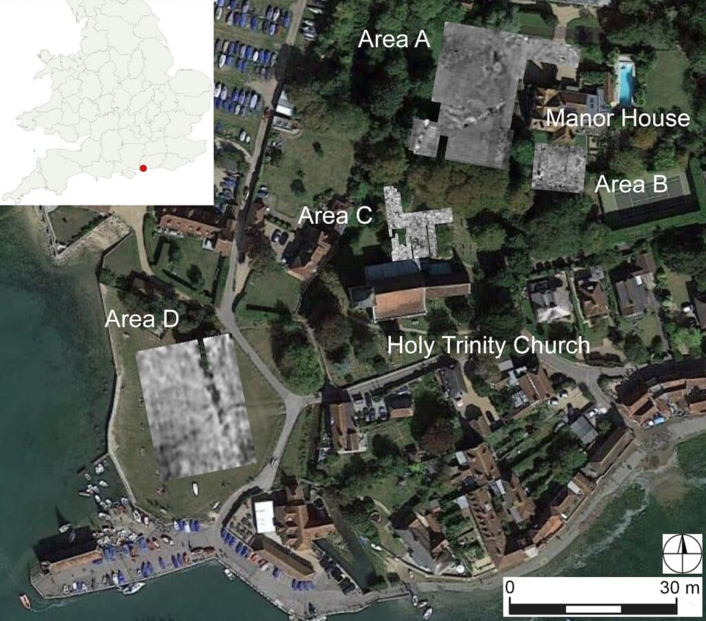 Topografía moderna de Bosham, que muestra las ubicaciones clave mencionadas en el texto y los resultados del estudio GPR, y (en el cuadro) la ubicación de Bosham en el sur de Gran Bretaña. Imagen: Autores que usan imágenes © 2024 Landsat/Copernicus, Maxar Technologies.