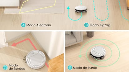 La limpieza de la aspiradora de robots con diferentes patrones para eliminar la suciedad, como el modo aleatorio o el zigzag.