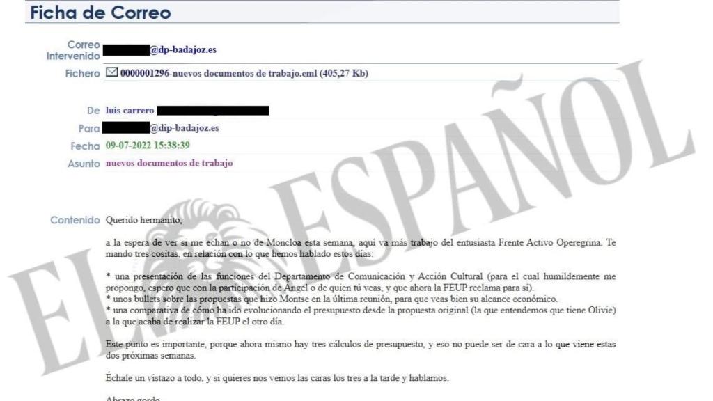 El correo electrónico enviado por Luis Carrero a David Sánchez.