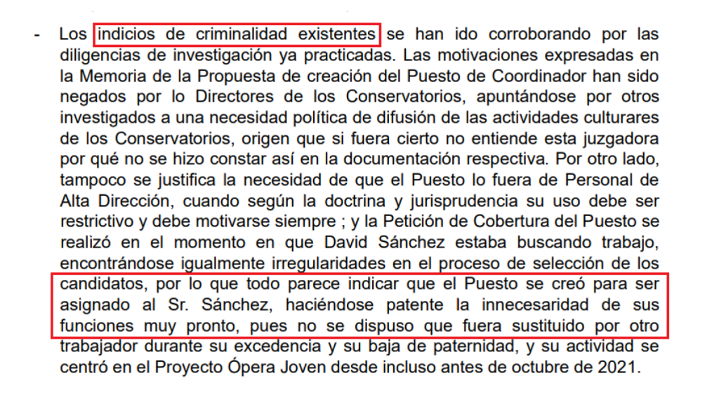 Fragmento del auto del juez en la posición de David Sánchez.