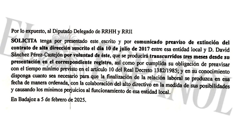 La carta de renuncia de David Sánchez.