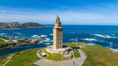 Vista aérea del Torre de Hércules de A Coruña, Patrimonio Mundial de la UNESCO.