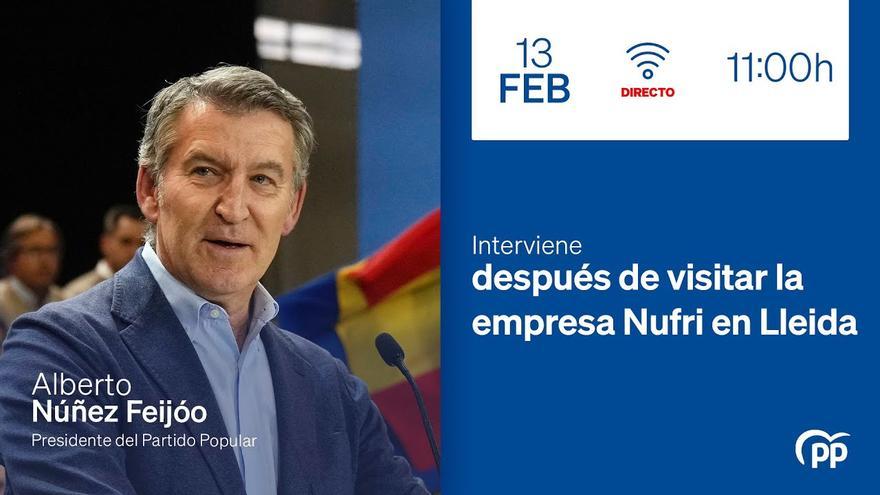 Alberto Núñez Feijóo interviene ante los medios de comunicación en Lleida