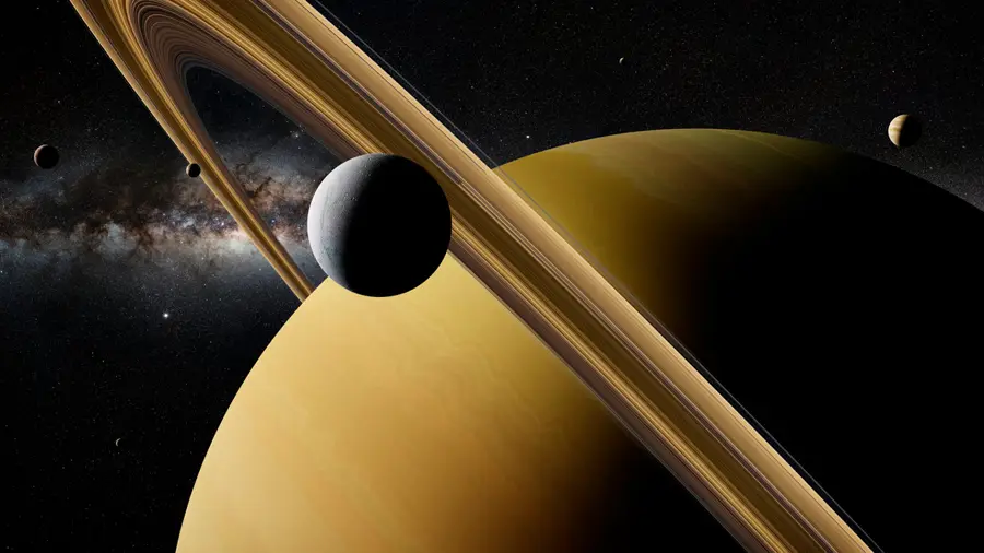 Saturno con sus lunas y sus anillos