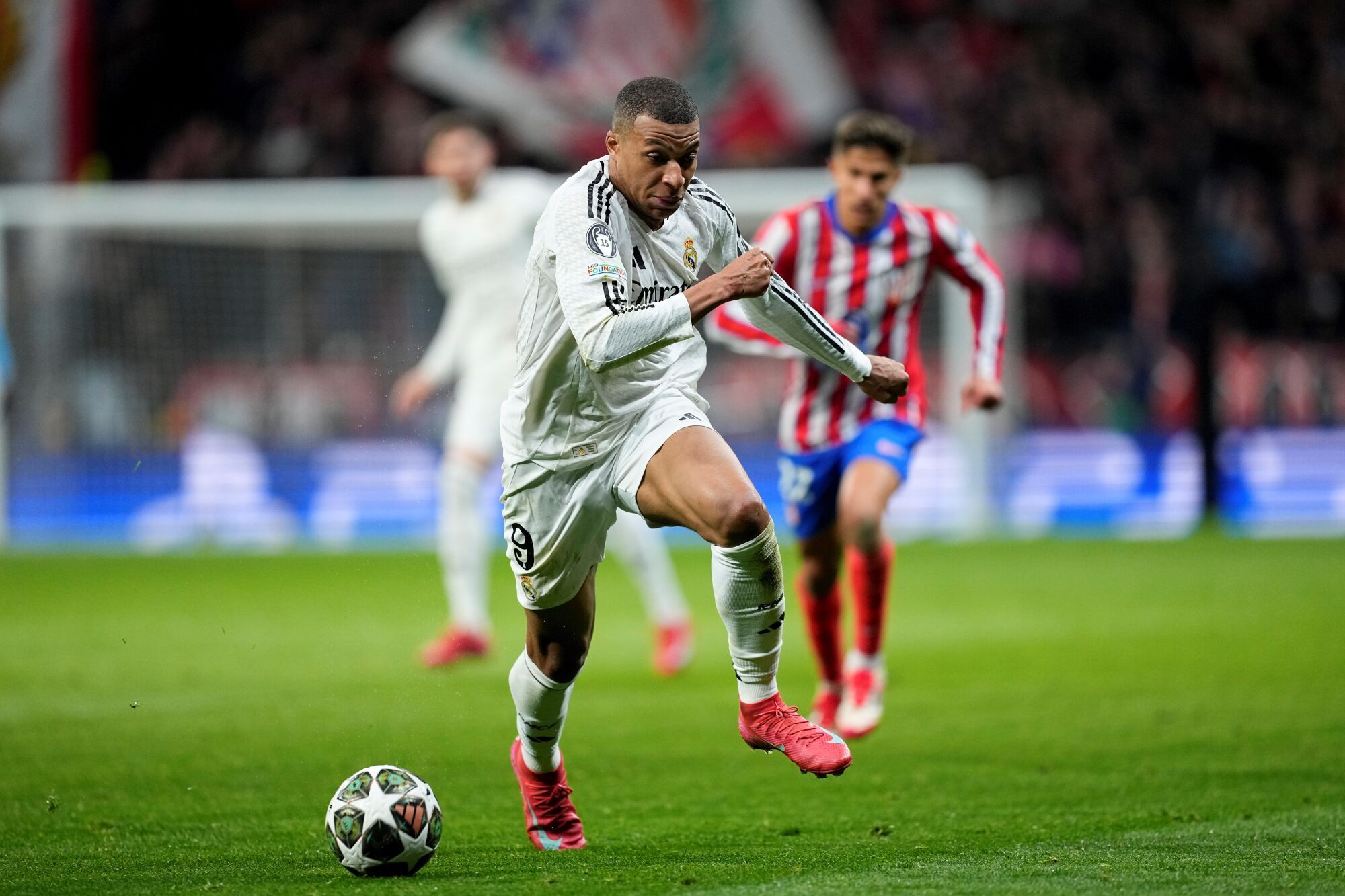 Kylian Mbappe of Real Madrid in Action During the UEFA Champions League 2024/25 League Round of 16 Second Leg Match Between Athletic of Madrid and Real Madrid CF, At Riyadh Air Metropolitano Stadium on March 12, 2025, In Madrid, Spain. AFP7 03/12/2025 ONLY FOR USE IN SPAIN. Oscar J. Barroso / AFP7 / Europa Press; 2025; Soccer; Spain; Sport; Zsoccer; Zsport; Atletico de Madrid V Real Madrid CF - UEFA Champions League 2024/25 League Round of 16 Second Leg;