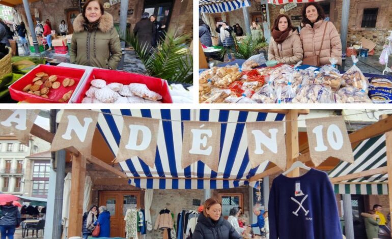 Galletas, pastel del peregrino, ropa y artesanías, en la feria del stock de Grado, que puso buena cara al mal tiempo