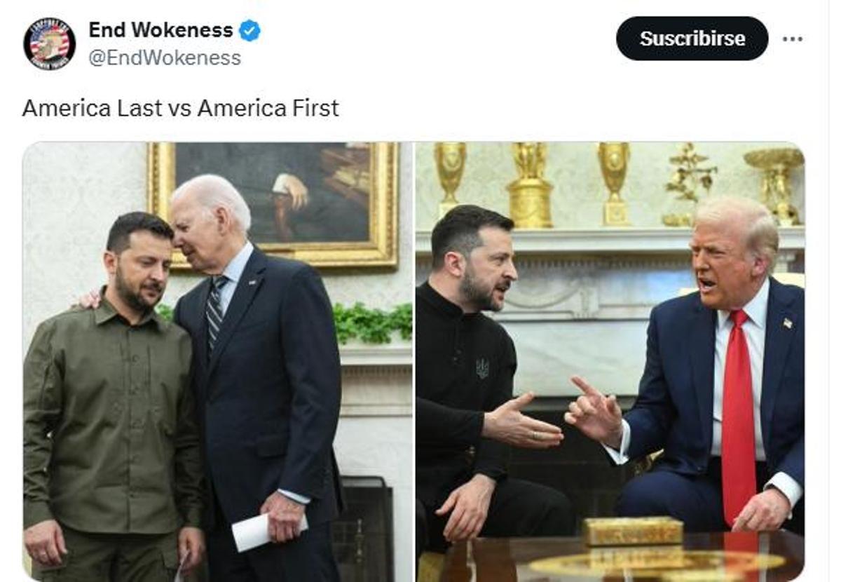 La cuenta End Wokeness tiene seis millones de seguidores, según la red social X. En este mensaje celebra la actitud de Trump y critica la de Biden.