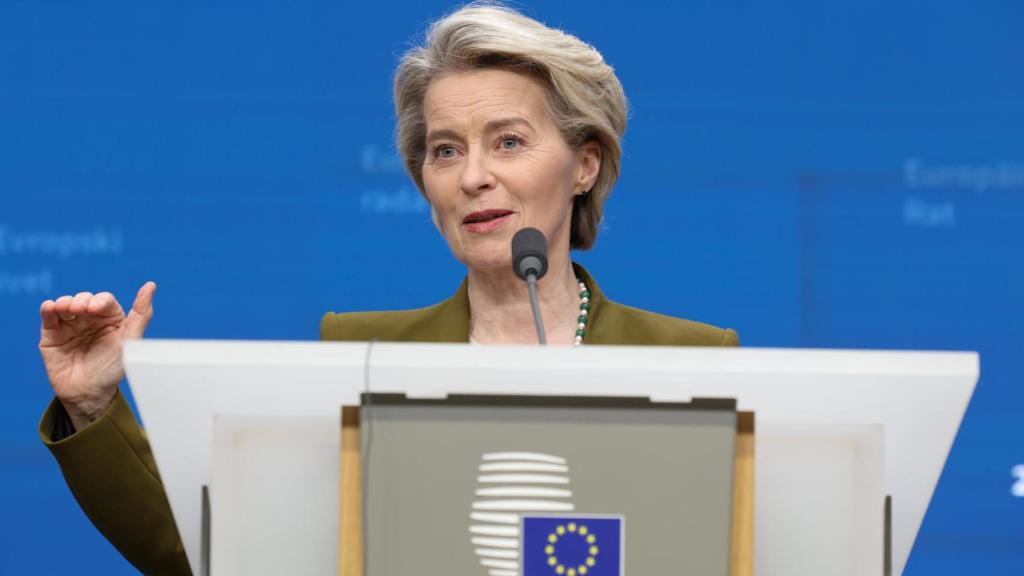 Presidente de la Comisión, Ursula von der Leyen, durante su conferencia de prensa este jueves en Bruselas