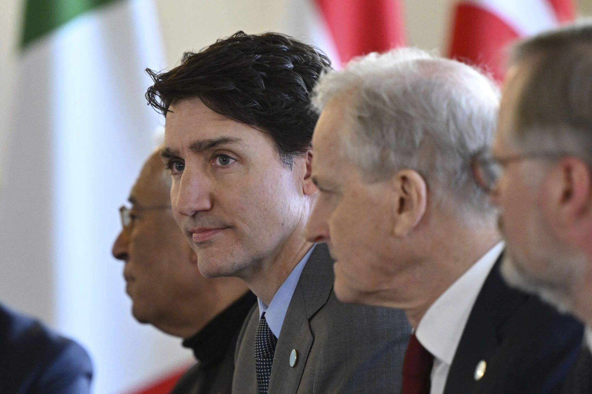 Canada's Prime Minister Justin Trudeau at the European leaders' summit to discuss Ukraine, hosted by Britain's Prime Minister Keir Starmer, at Lancaster House, London, Sunday March 2, 2025. (Justin Tallis/Pool via AP). EDITORIAL USE ONLY / ONLY ITALY AND SPAIN