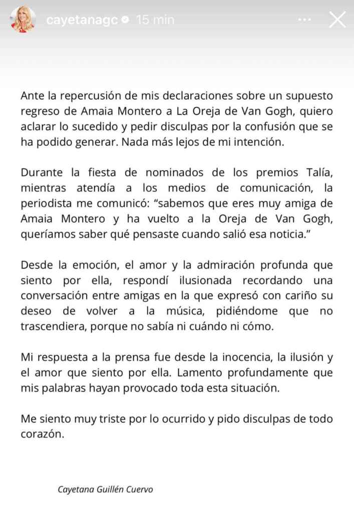 La declaración de que Cayetana Guillen Cuervo descargó en sus redes sociales para tratar de explicar sus declaraciones 