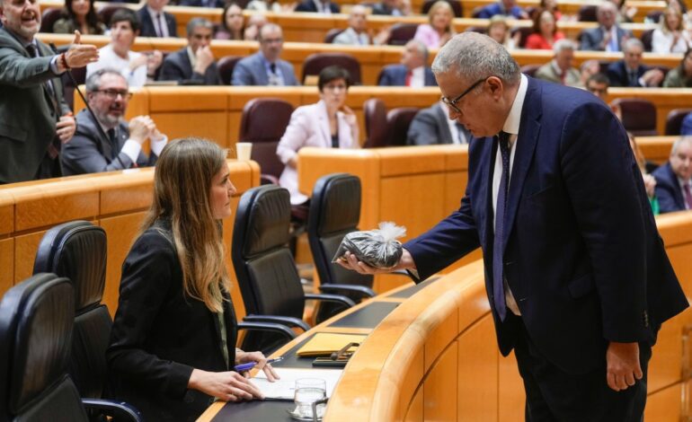 El PP entrega una bolsa de arena tóxica a la ministra Aagesen en el Senado y el PSOE denuncia «acoso»