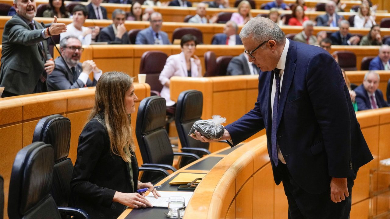 El PP entrega una bolsa de arena tóxica a la ministra Aagesen en el Senado y el PSOE denuncia «acoso»