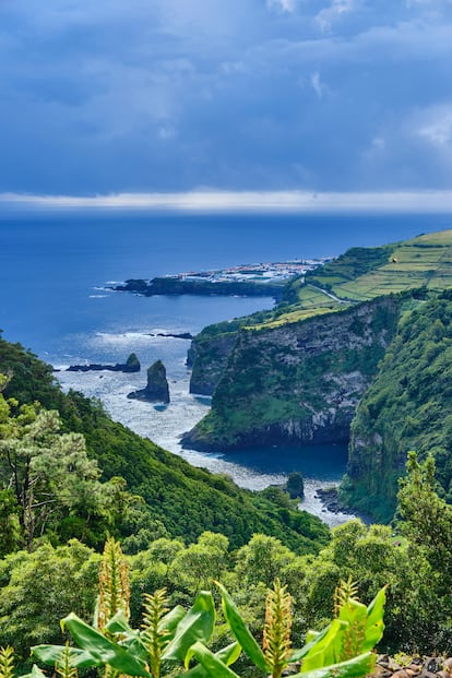 Acantilados en la isla de Flores (Azores), con la ciudad de Santa Cruz das Flores al fondo. 