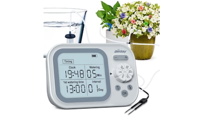 Sistema de riego automático que incluye una pantalla LCD.