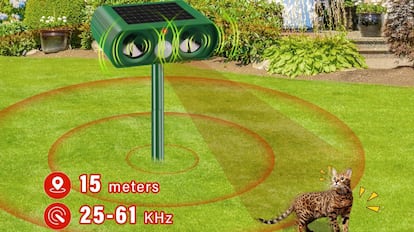 Ahuyentor de gatos, que se pueden colocar en el suelo y colgar sobre una pared o una cerca.