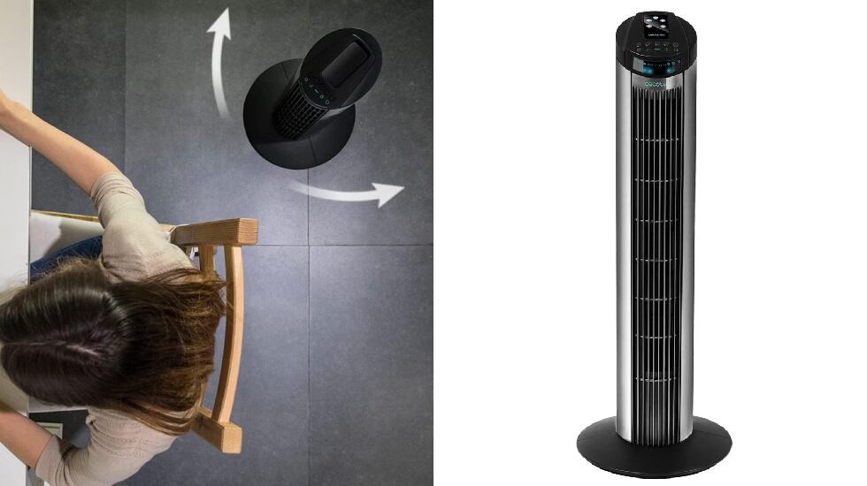 Ventilador de torre con movimiento oscilante de hasta 180 grados.