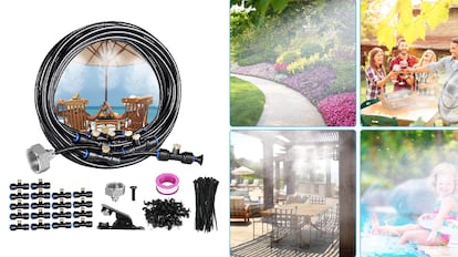 El kit de nebulizador que funciona, enganchado para disparar la grúa del jardín.