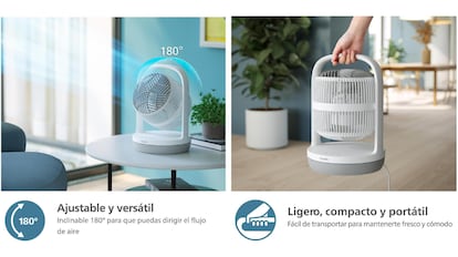 Este ventilador portátil y silencioso tiene un mango que facilita el transporte.