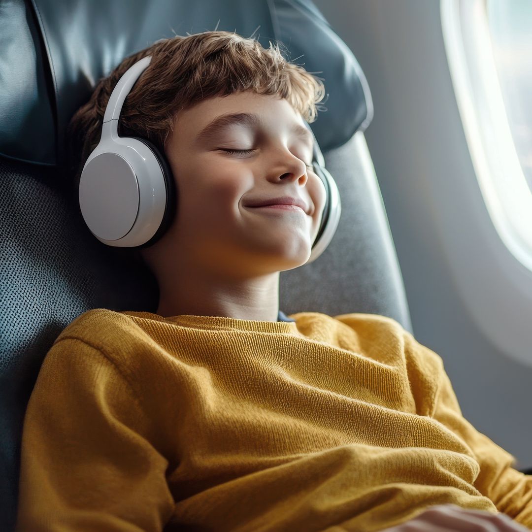Enfant volant dans un avion avec une tranquillité totale tout en écoutant de la musique à travers ses casques