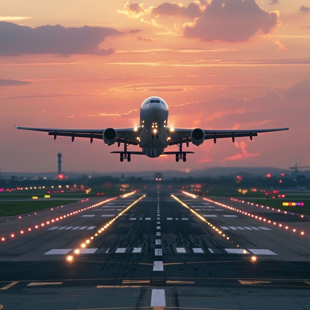 Moment de décollage d'un avion commercial sur les pistes aéroportuaires