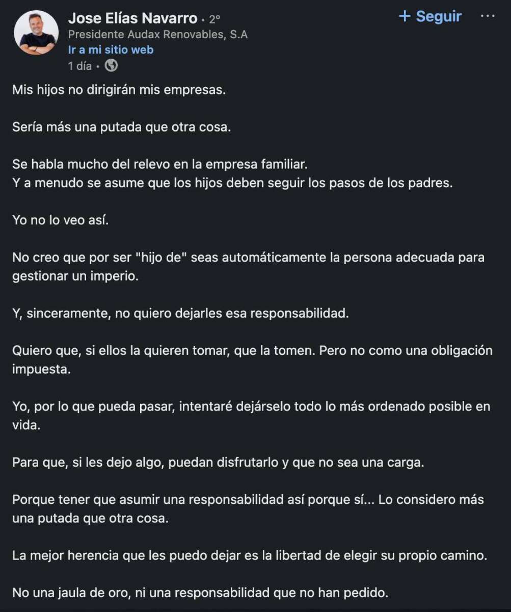 La revelación de José Elías sobre la sucesión de su negocio: "Mis hijos no dirigirán a mis empresas"