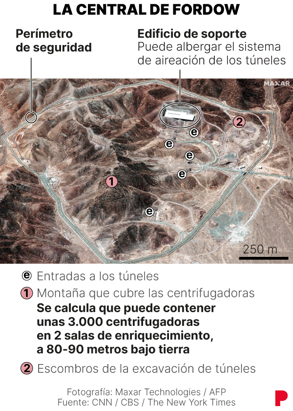 Imagen satélite de la central nuclear de Fordow o Fordo, en Irán. Se marcan las entradas a los túneles y el resto de instalaciones.