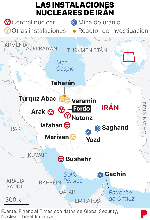 Mapa que muestra la ubicación de las centrales nucleares y de la minas de uranio en Irán