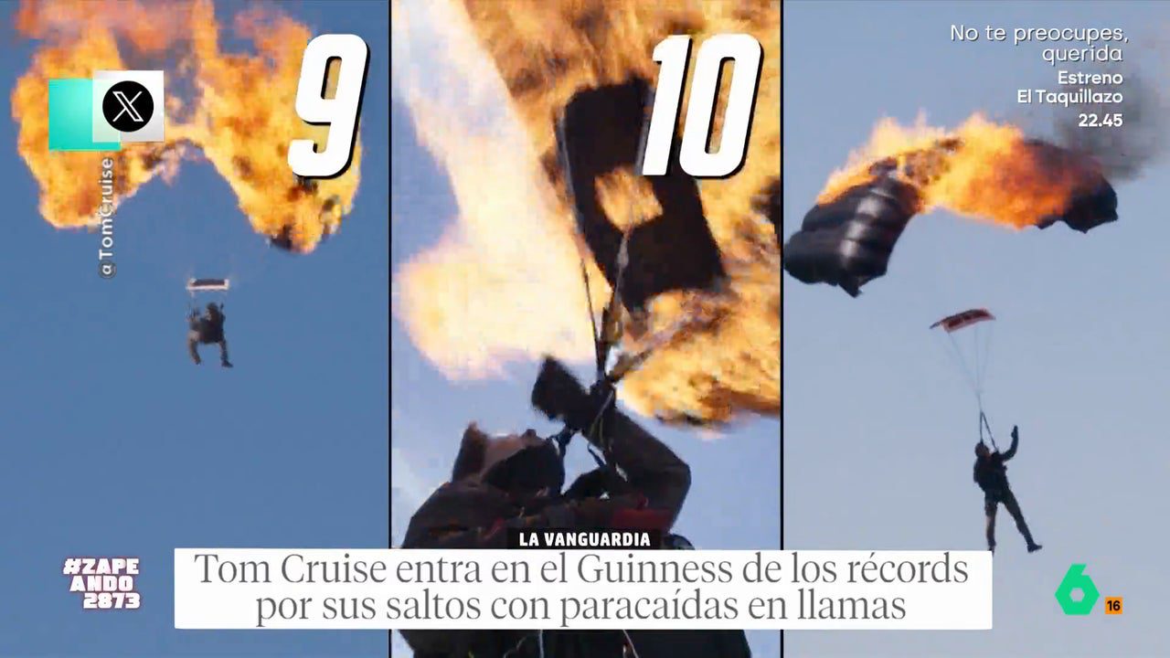 Tom Cruise rompe el récord Guinness de salto con el paracaídas ¡en llamas!: "Y yo me mareo en el autobús"