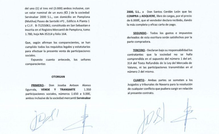 La UCO entrega al Supremo el contrato que prueba que Santos Cerdán adquirió el 45% de la constructora Servinabar