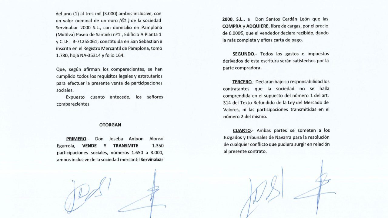 La UCO entrega al Supremo el contrato que prueba que Santos Cerdán adquirió el 45% de la constructora Servinabar