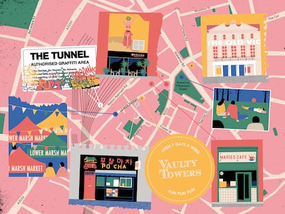 Ilustración de Rue Lower Marsh en el distrito de Waterloo de Londres (Inglaterra).