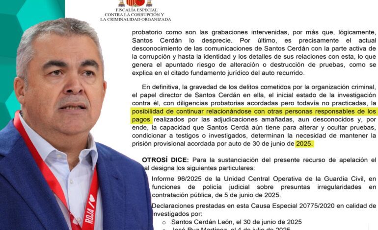 Anticorrupción se opone a excarcelar a Santos Cerdán por riesgo de interferir con los implicados aún por identificar en la trama de amaños