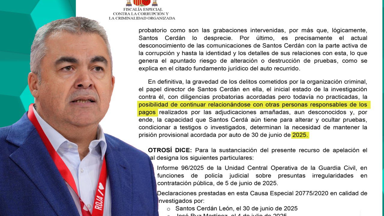 Anticorrupción se opone a excarcelar a Santos Cerdán por riesgo de interferir con los implicados aún por identificar en la trama de amaños
