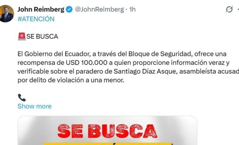 Ecuador ofrece 100.000 dólares por un excorreísta acusado de violación