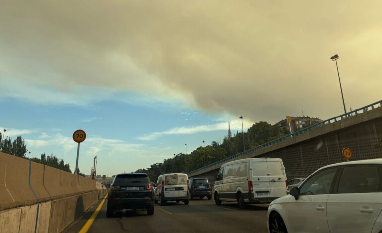Un incendio forestal en Méntrida (Toledo) genera una intensa columna de humo que se extiende hasta Madrid