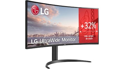 Vista del monitor curvo LG 34WR55QK-B.
