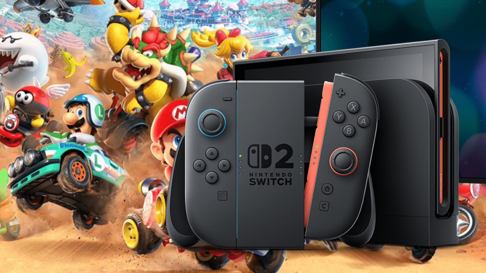 Consola Nintendo Switch 2 que muestra el videojuego Mario Kart World en pantalla